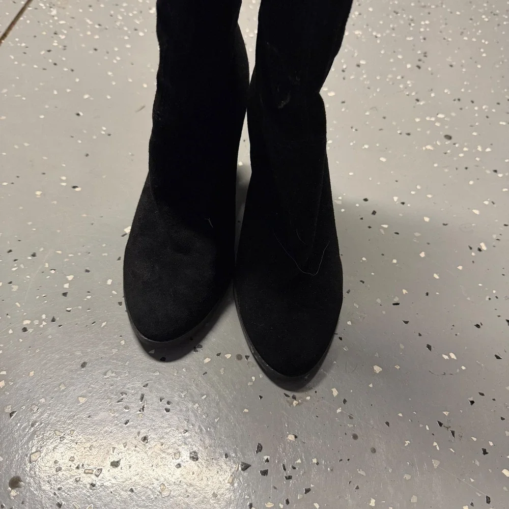 Nine West Women WNSEEMAM Black‎ Leather Tall Block Heel Boots 6.5M
